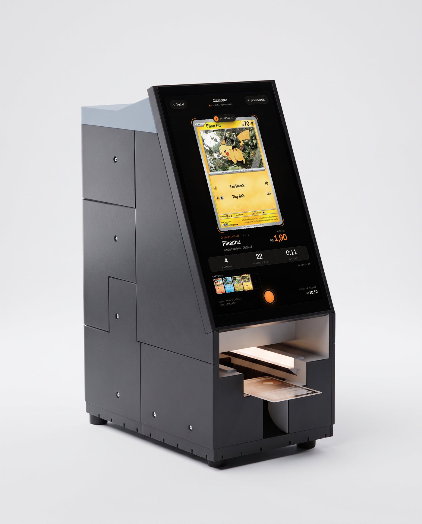 Conceito do DECKO: máquina preta de balcão com painel touch vertical e entrada iluminada para cartas.