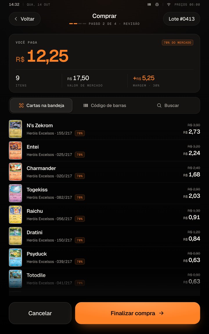Proposta de tela para revisar cartas e total de uma compra.